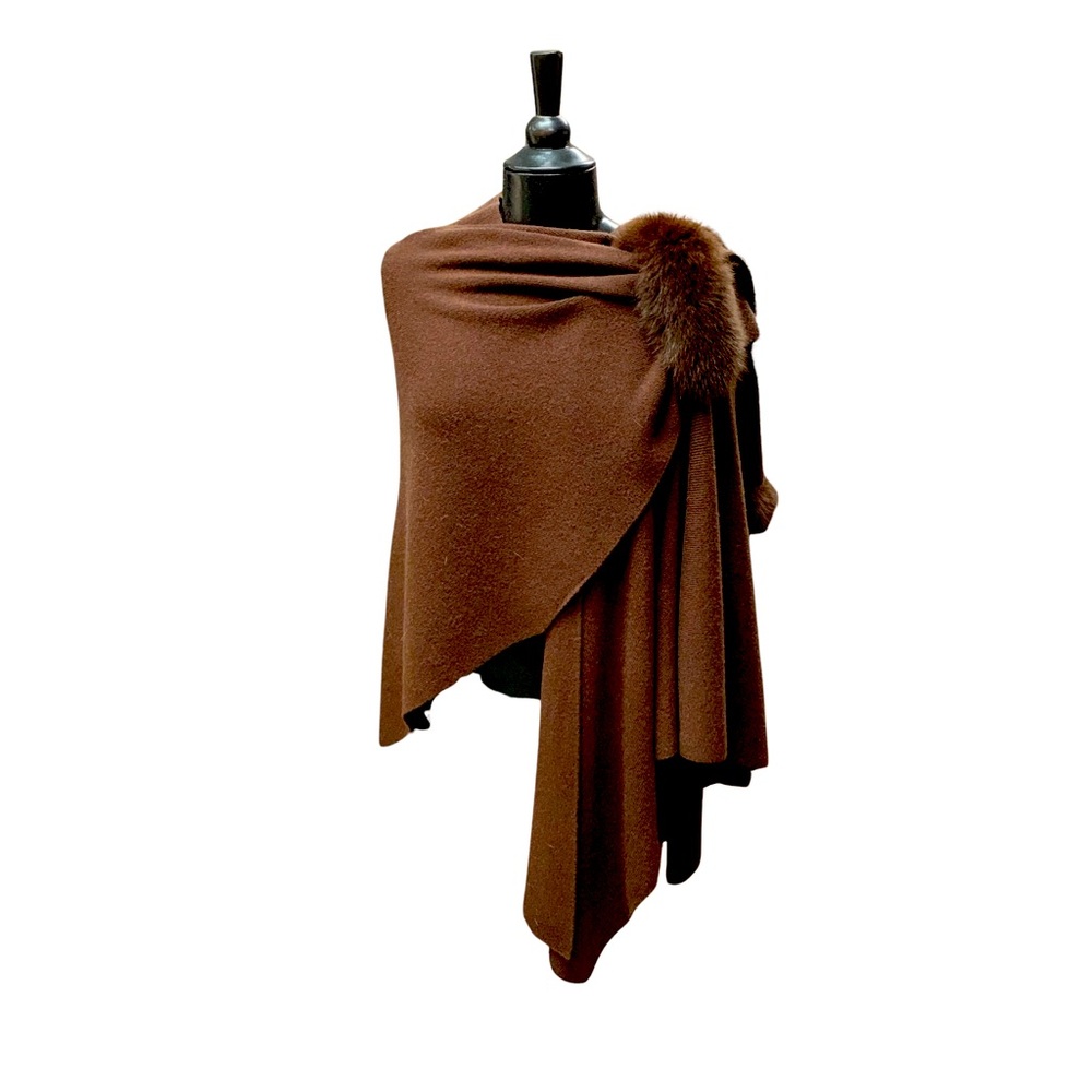 Brown Knitted Wrap with Pull Through Loop and Fox Pom Poms